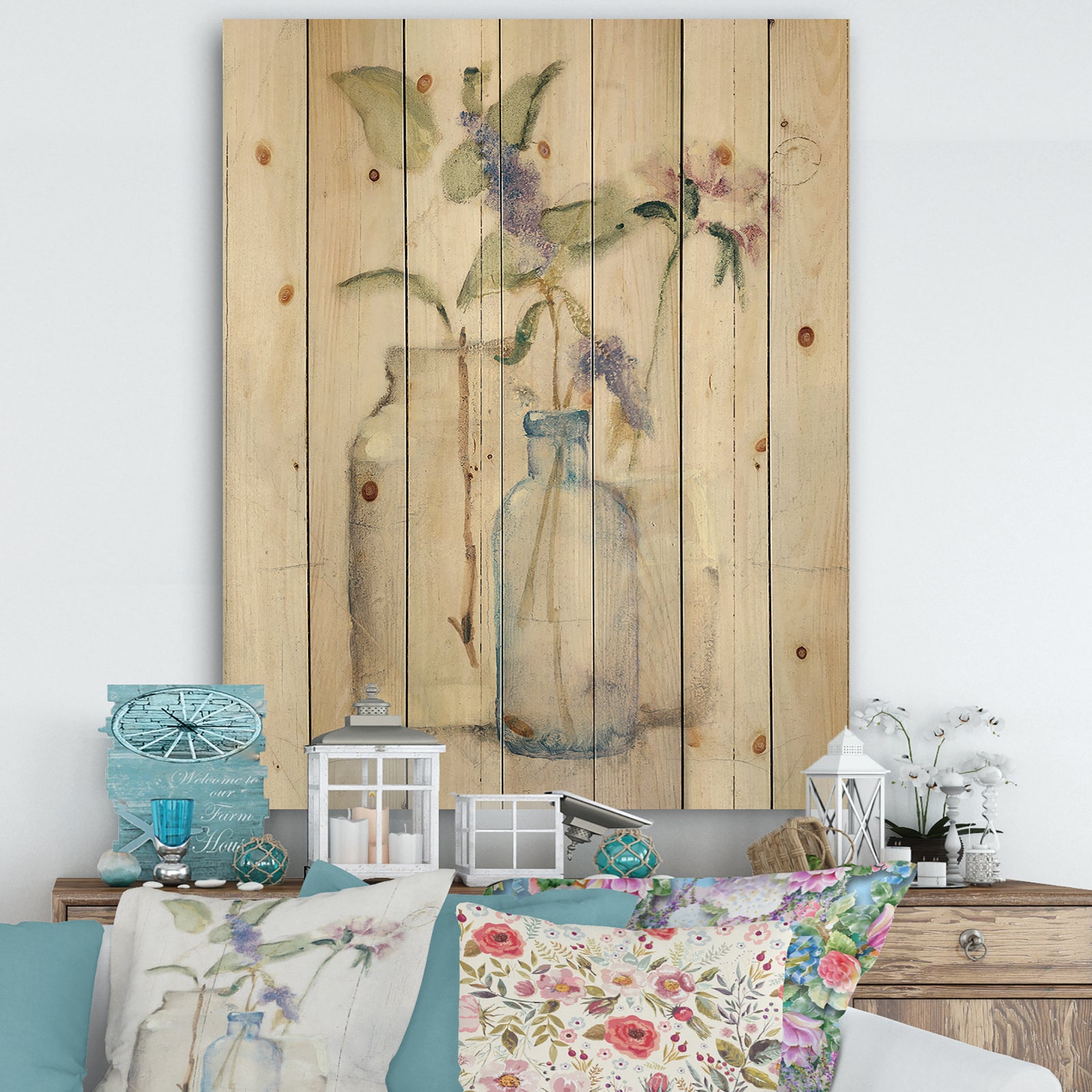 Blossoms on Birch Cottage Bouquet I - Farmhouse Print on Natural Pine Wood