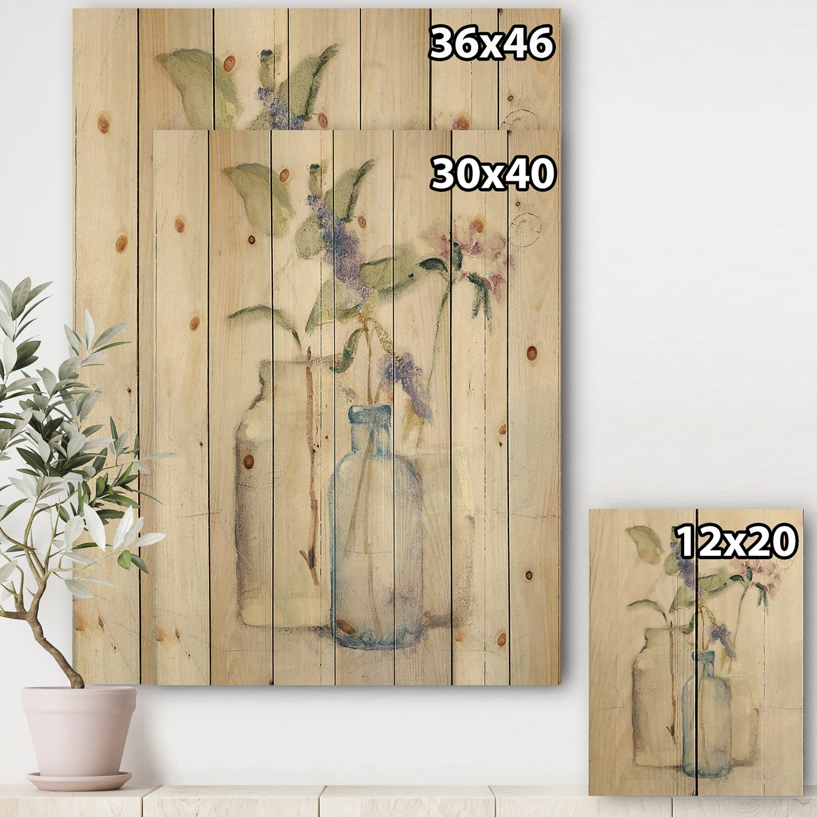 Blossoms on Birch Cottage Bouquet I - Farmhouse Print on Natural Pine Wood