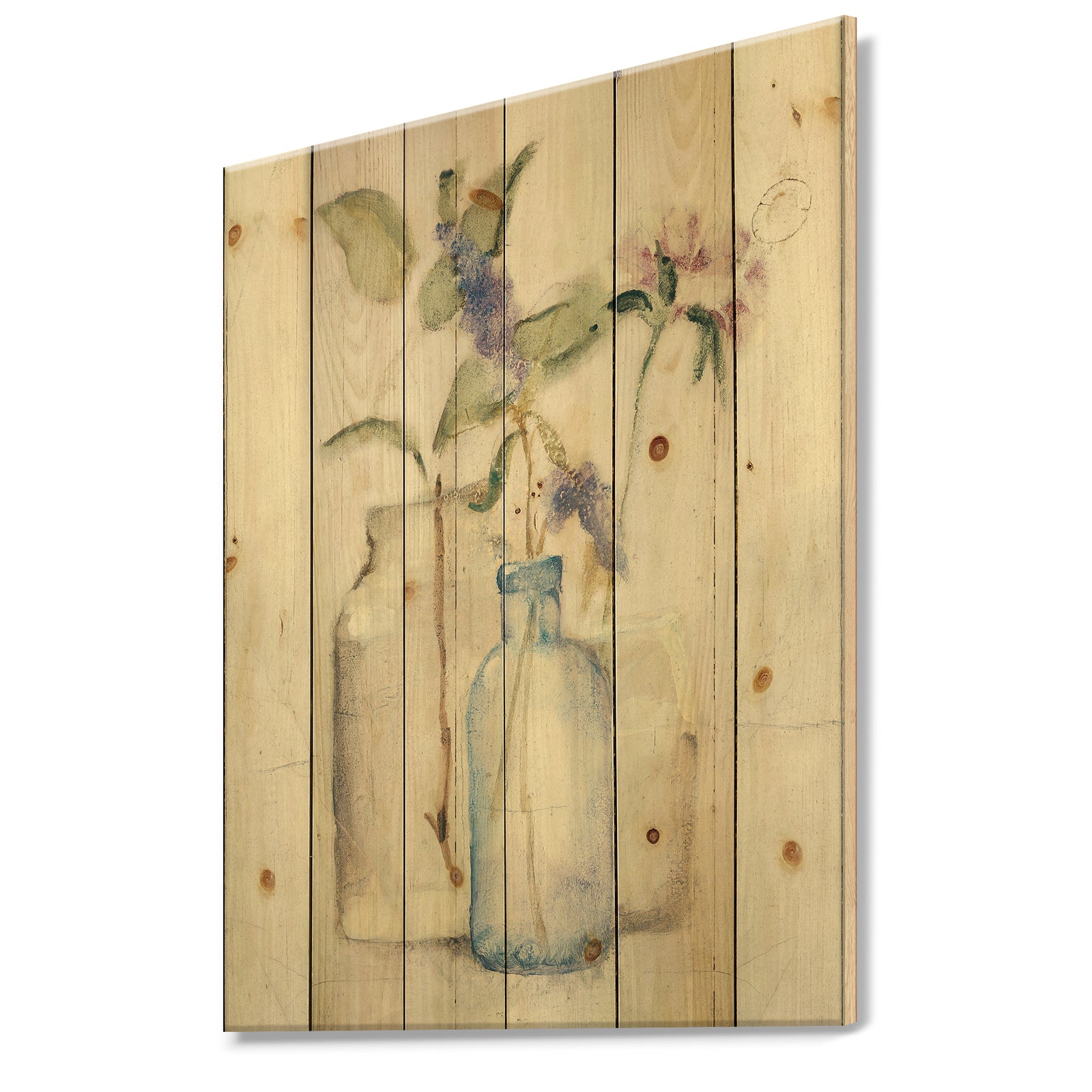 Blossoms on Birch Cottage Bouquet I - Farmhouse Print on Natural Pine Wood