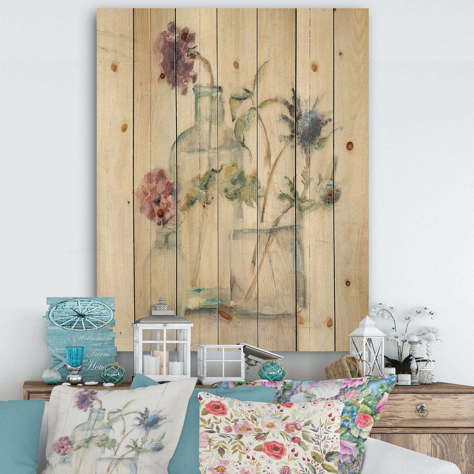 Blossoms on Birch Cottage Bouquet II - Farmhouse Print on Natural Pine Wood