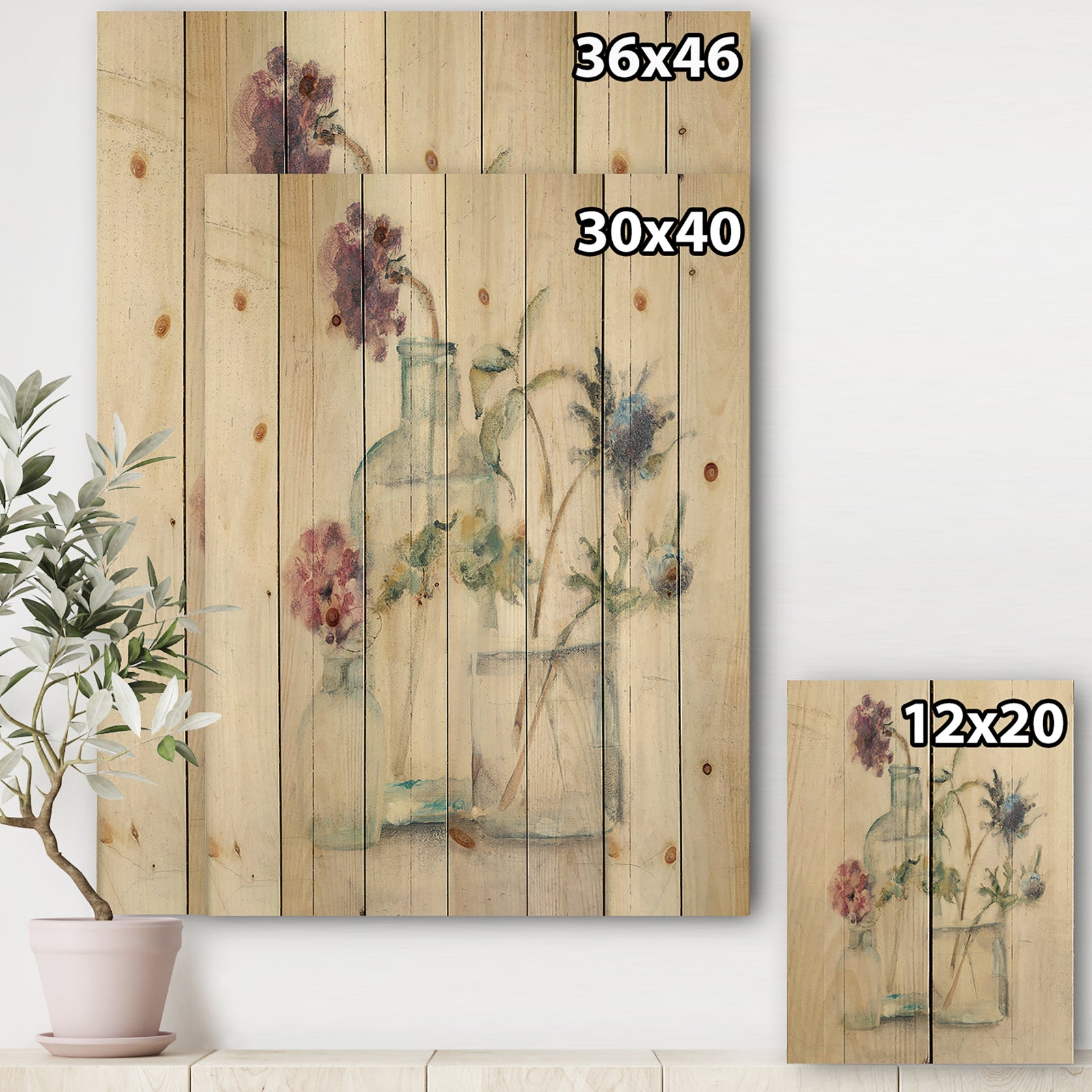 Blossoms on Birch Cottage Bouquet II - Farmhouse Print on Natural Pine Wood