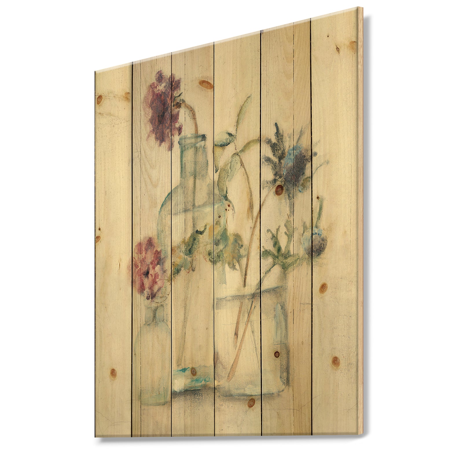 Blossoms on Birch Cottage Bouquet II - Farmhouse Print on Natural Pine Wood