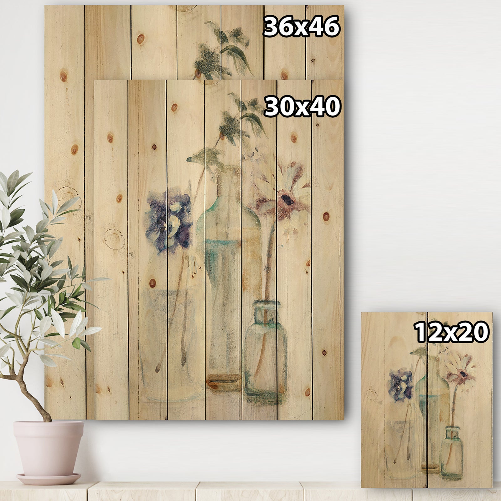 Blossoms on Birch Cottage Bouquet III - Farmhouse Print on Natural Pine Wood