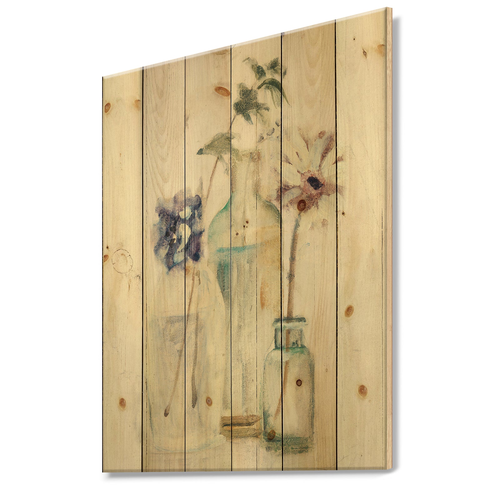 Blossoms on Birch Cottage Bouquet III - Farmhouse Print on Natural Pine Wood