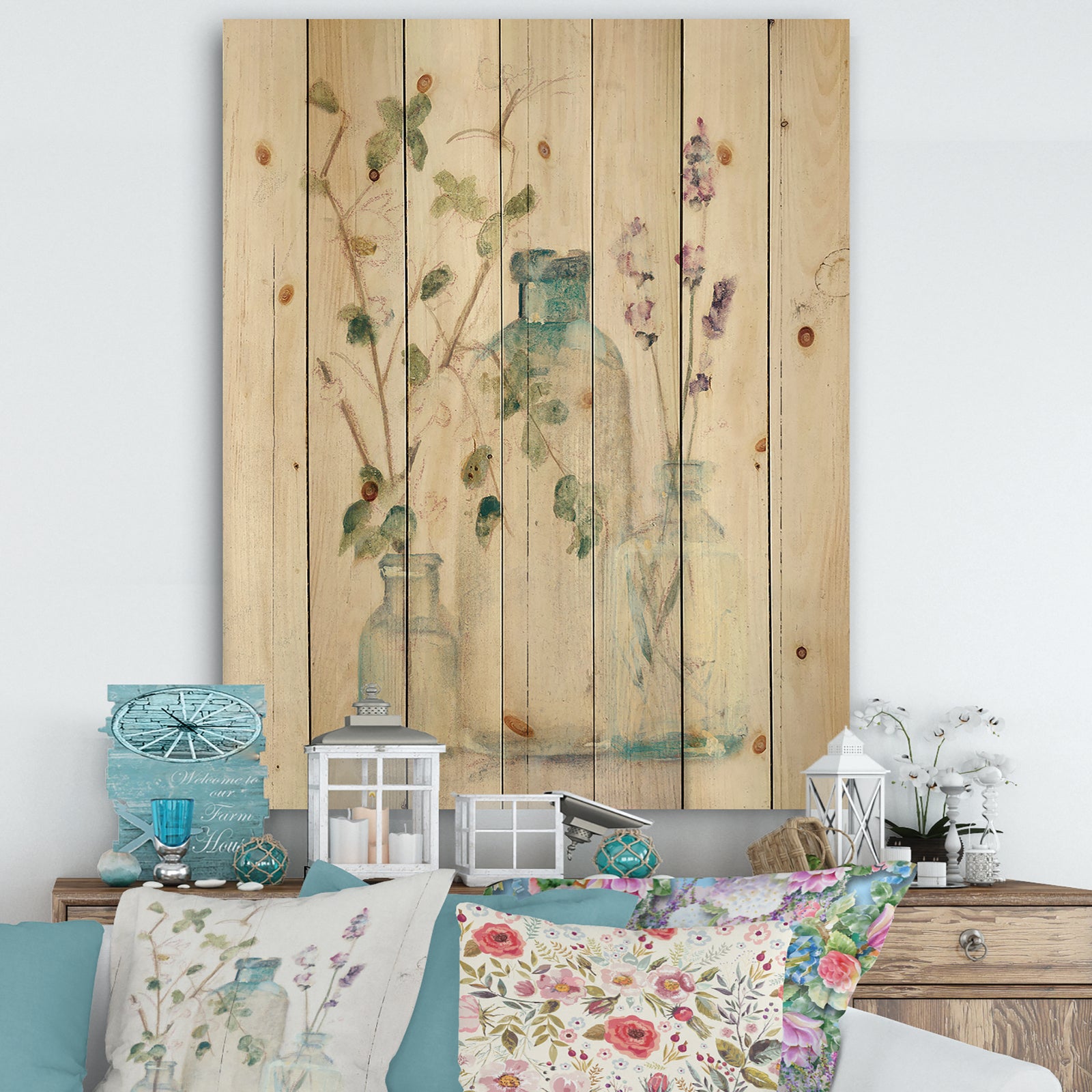 Blossoms on Birch Cottage Bouquet IV - Farmhouse Print on Natural Pine Wood