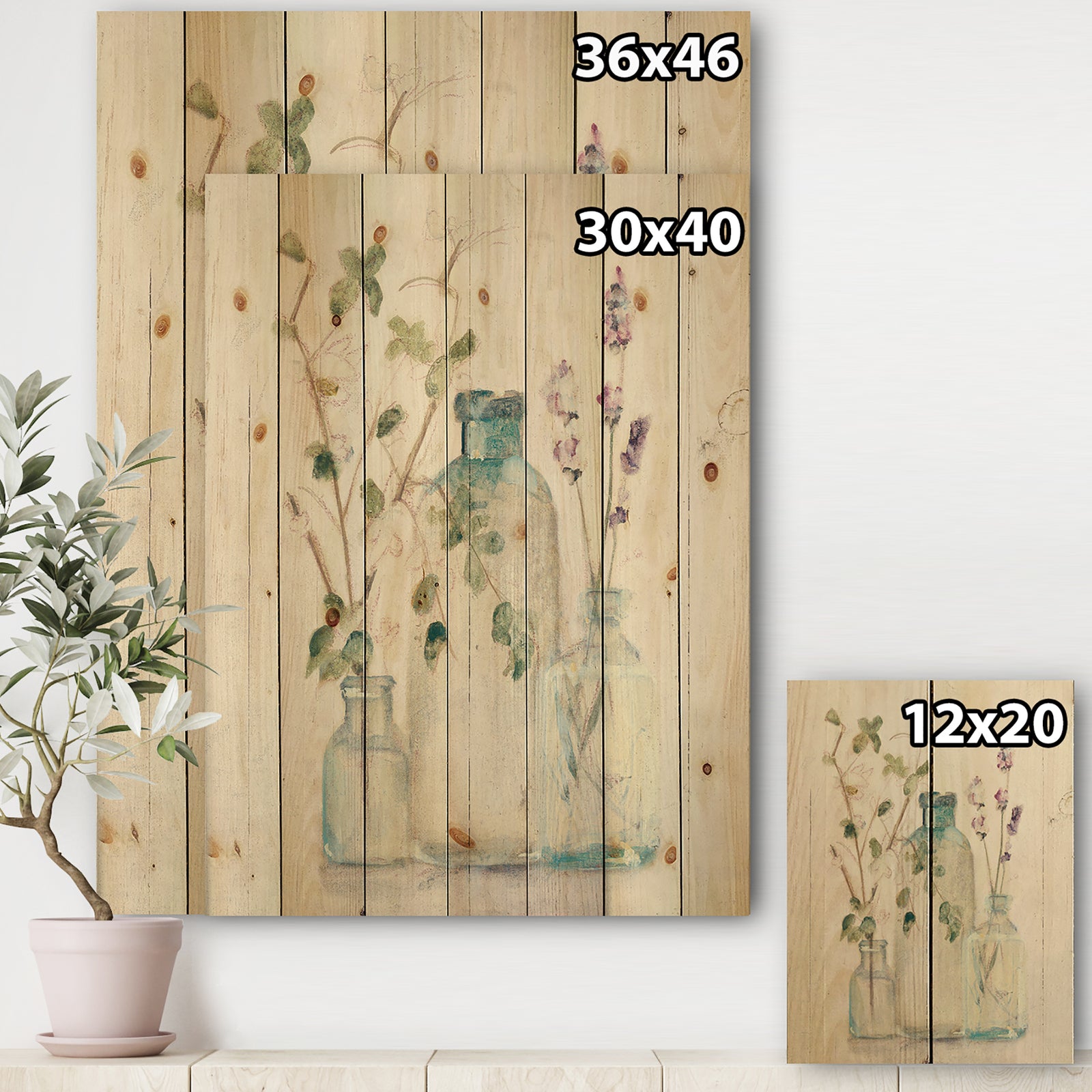 Blossoms on Birch Cottage Bouquet IV - Farmhouse Print on Natural Pine Wood