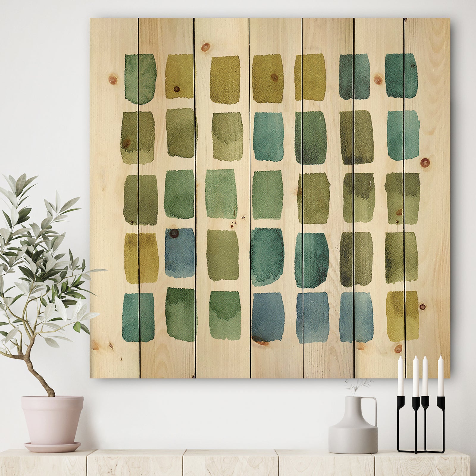 Geometric Maze of Blue And Green - Transitional Print on Natural Pine Wood