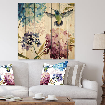 Porch & Den Hummingbird Blue Cottage Flower - Print on Natural Pine Wood