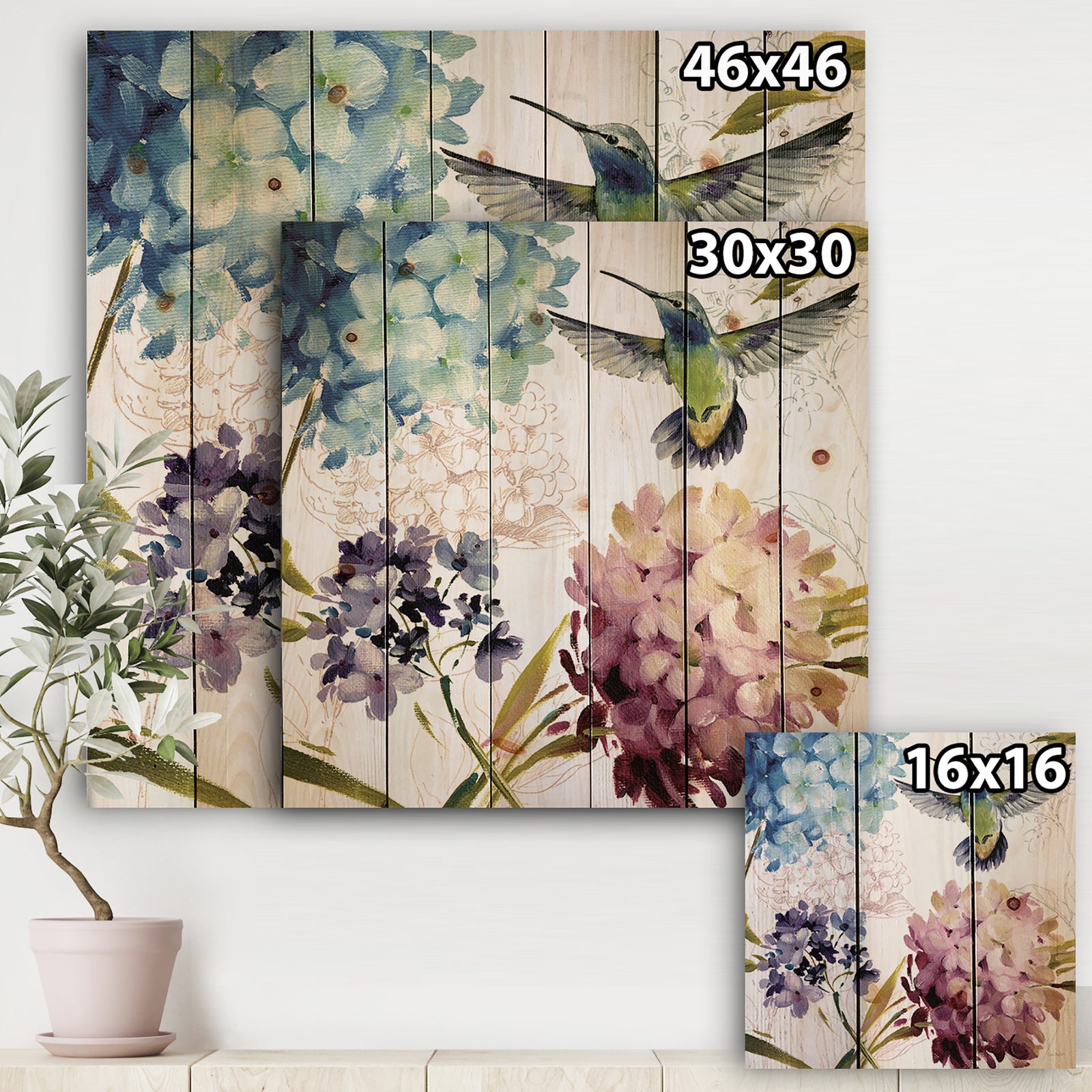 Porch & Den Hummingbird Blue Cottage Flower - Print on Natural Pine Wood