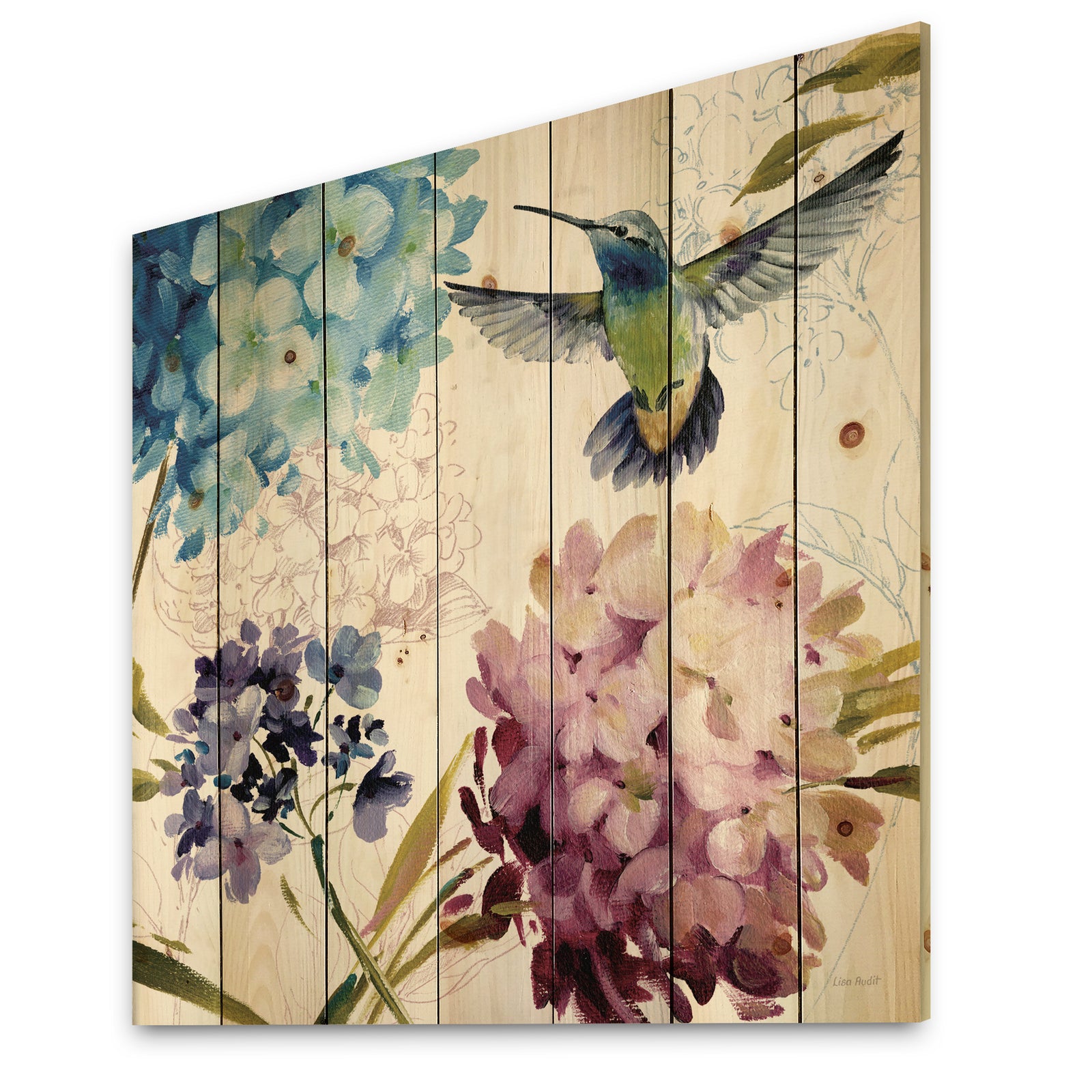 Porch & Den Hummingbird Blue Cottage Flower - Print on Natural Pine Wood