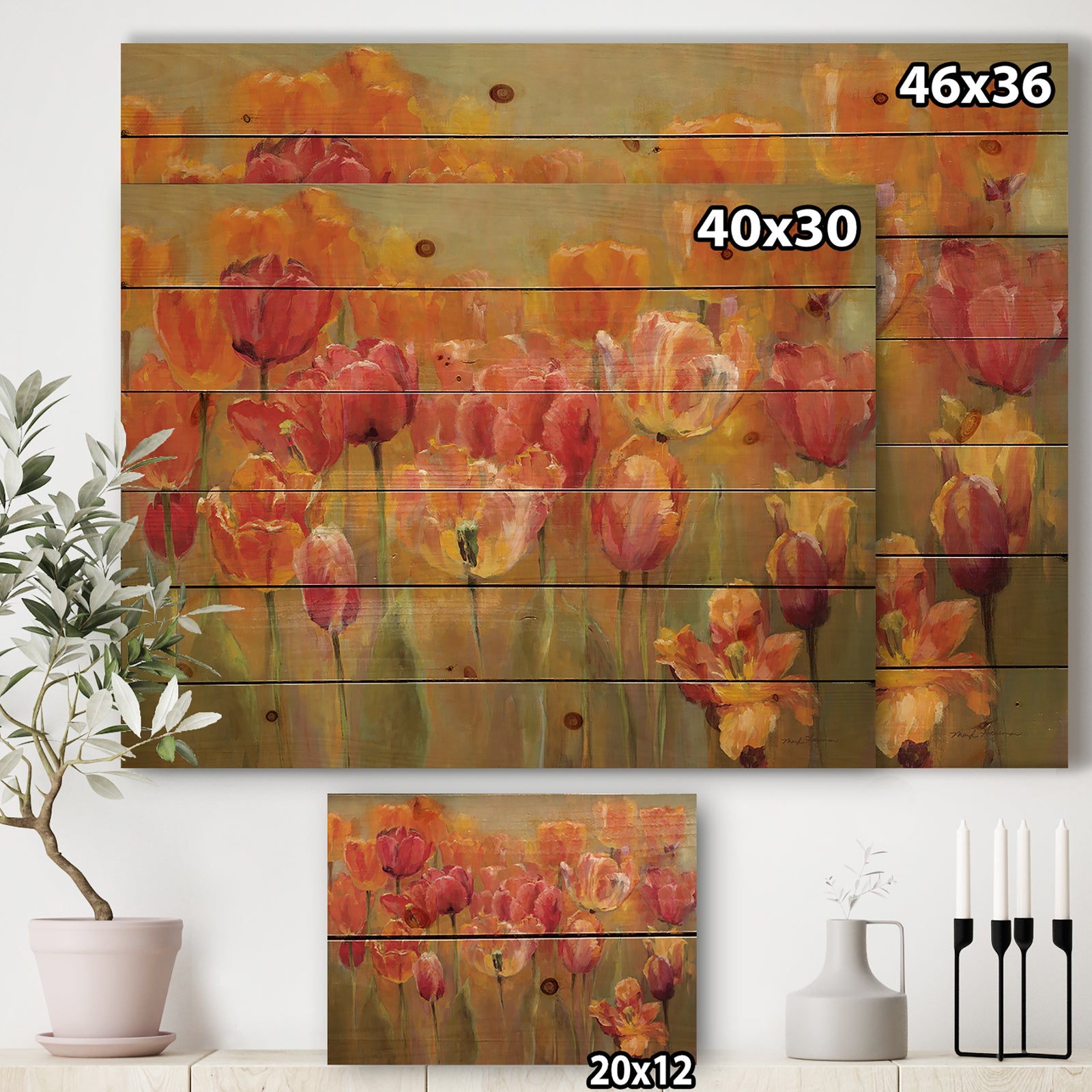 Red Tulips - Traditional Print on Natural Pine Wood