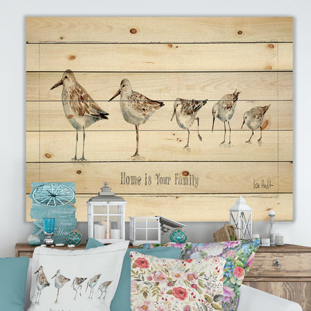 Pebbles and Sandpipers Family - Traditional Print on Natural Pine Wood