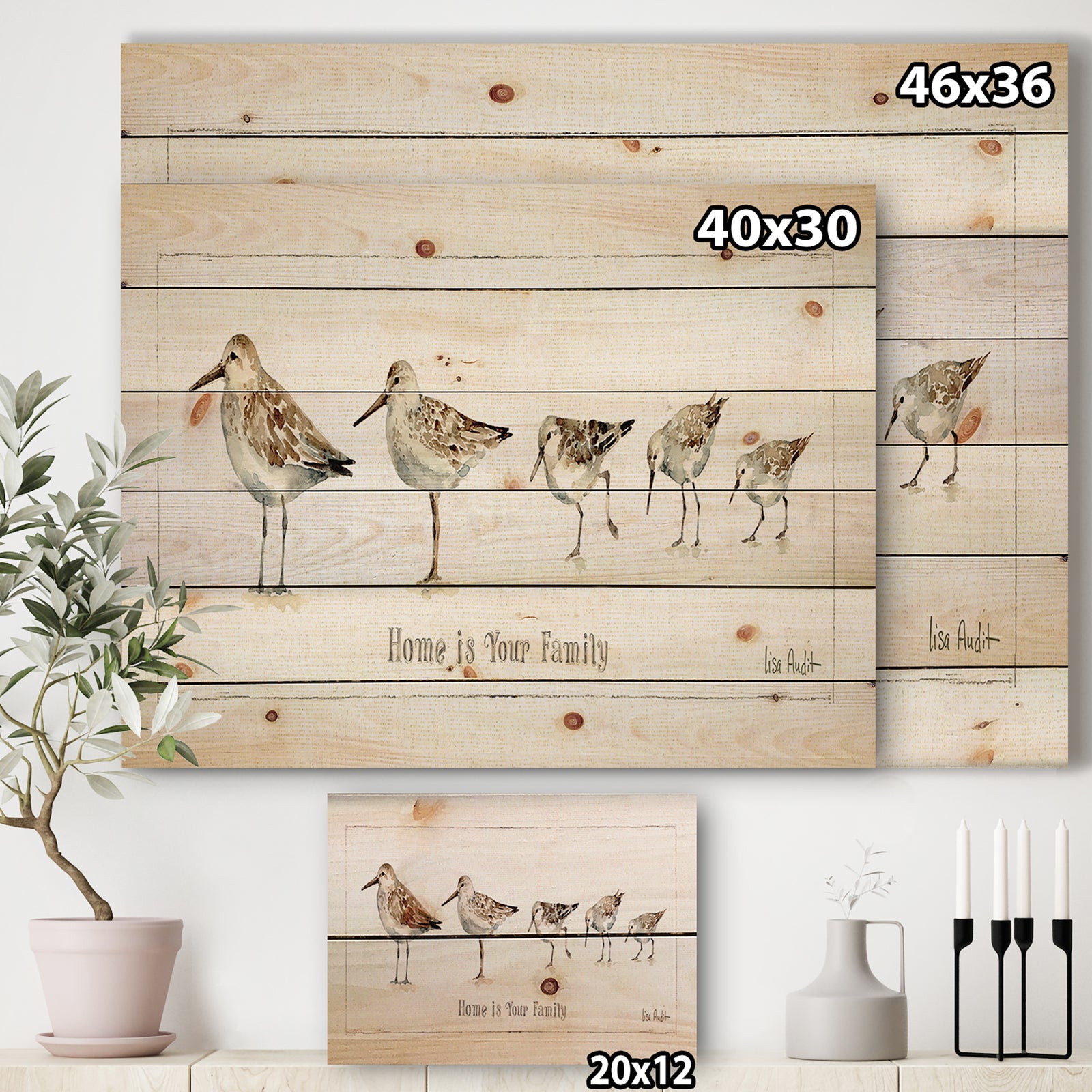 Pebbles and Sandpipers Family - Traditional Print on Natural Pine Wood