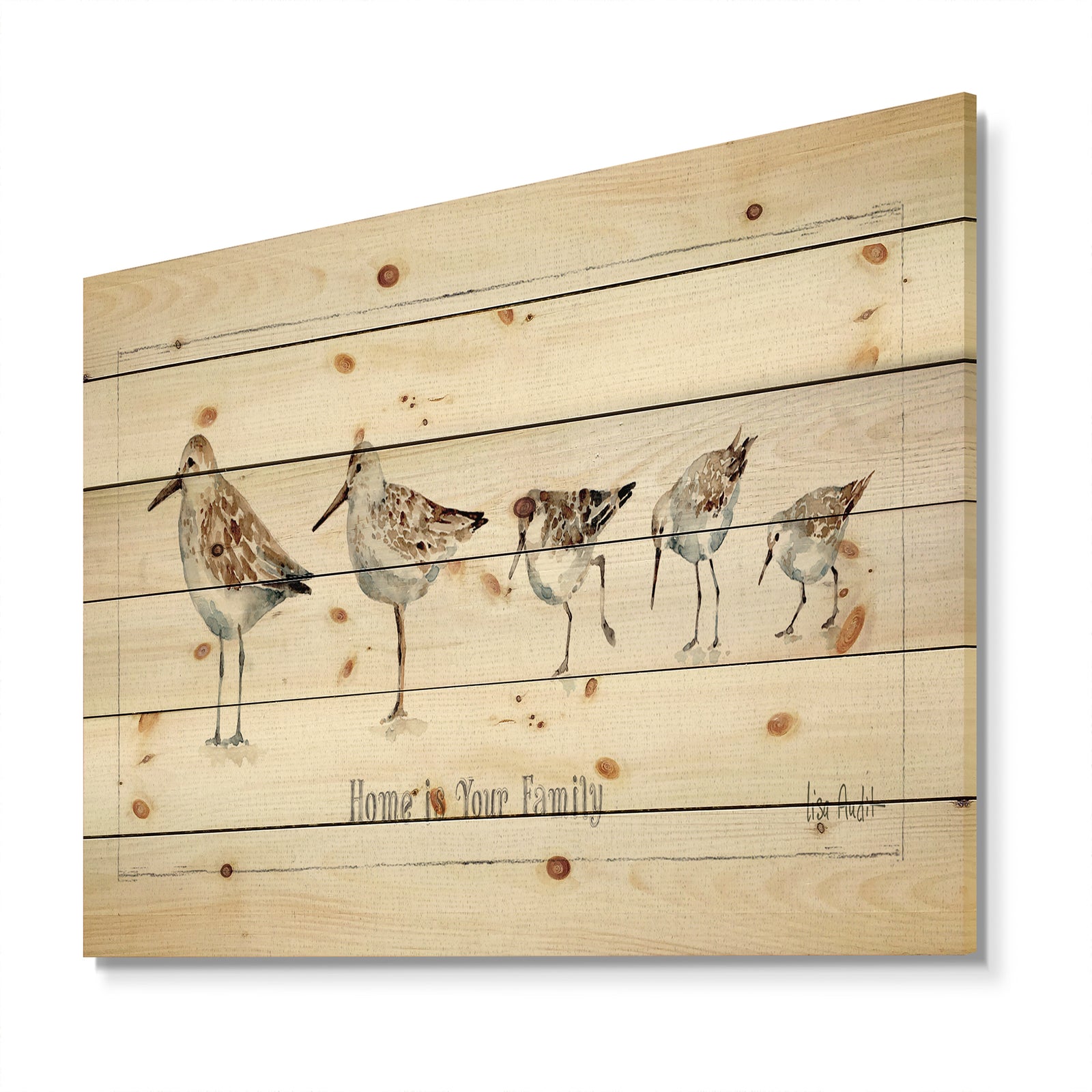 Pebbles and Sandpipers Family - Traditional Print on Natural Pine Wood