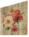 Red Painted Flowers on Vintage Postcard I - Traditional Print on Natural Pine Wood