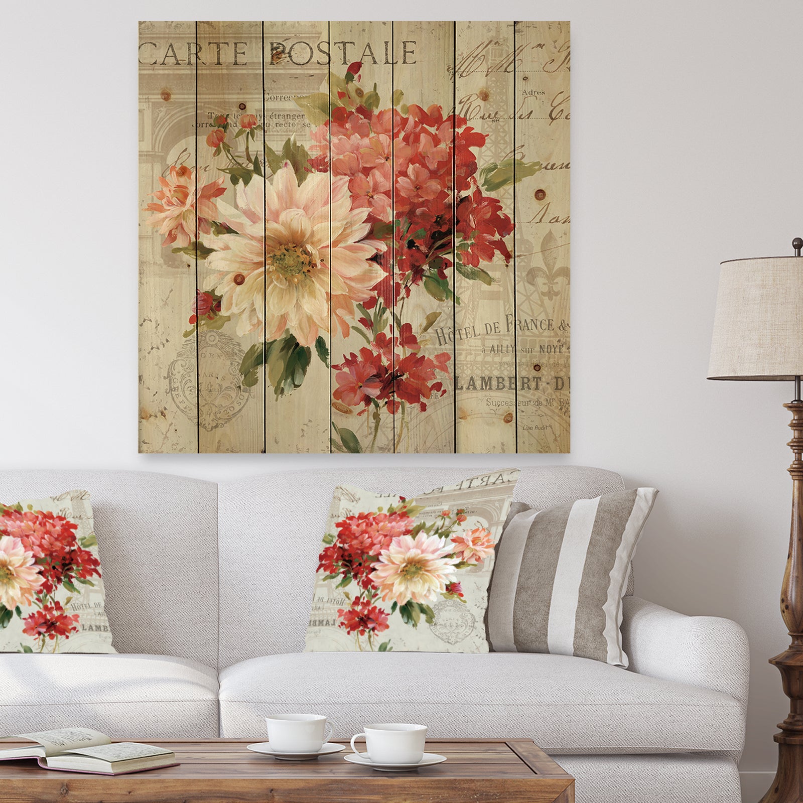 Red Painted Flowers on Vintage Postcard I - Traditional Print on Natural Pine Wood