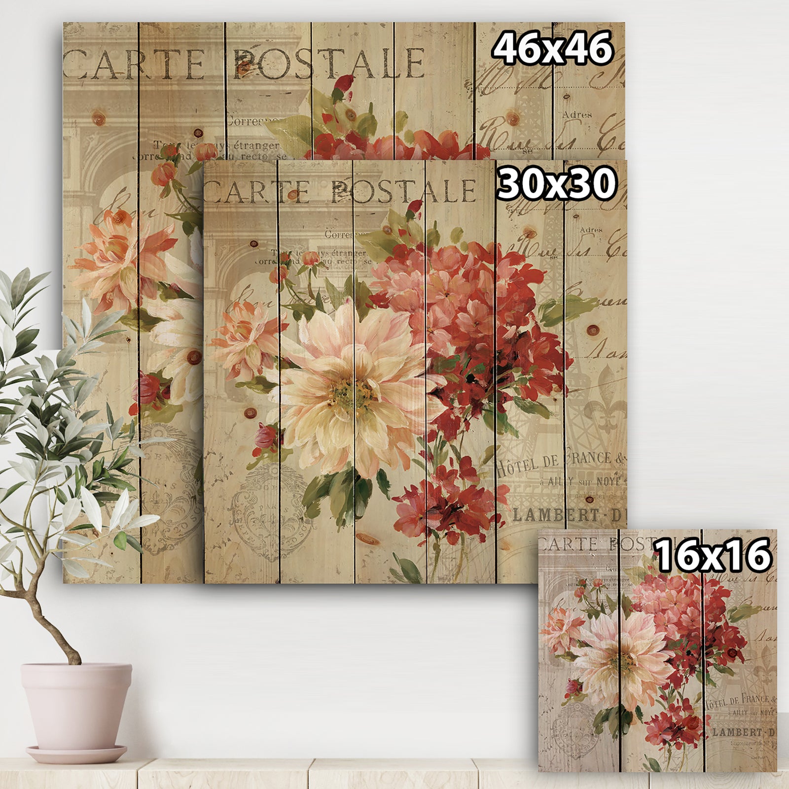 Red Painted Flowers on Vintage Postcard I - Traditional Print on Natural Pine Wood