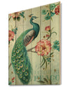 Peacock - Floral and botanical Print on Natural Pine Wood