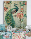 Peacock - Floral and botanical Print on Natural Pine Wood