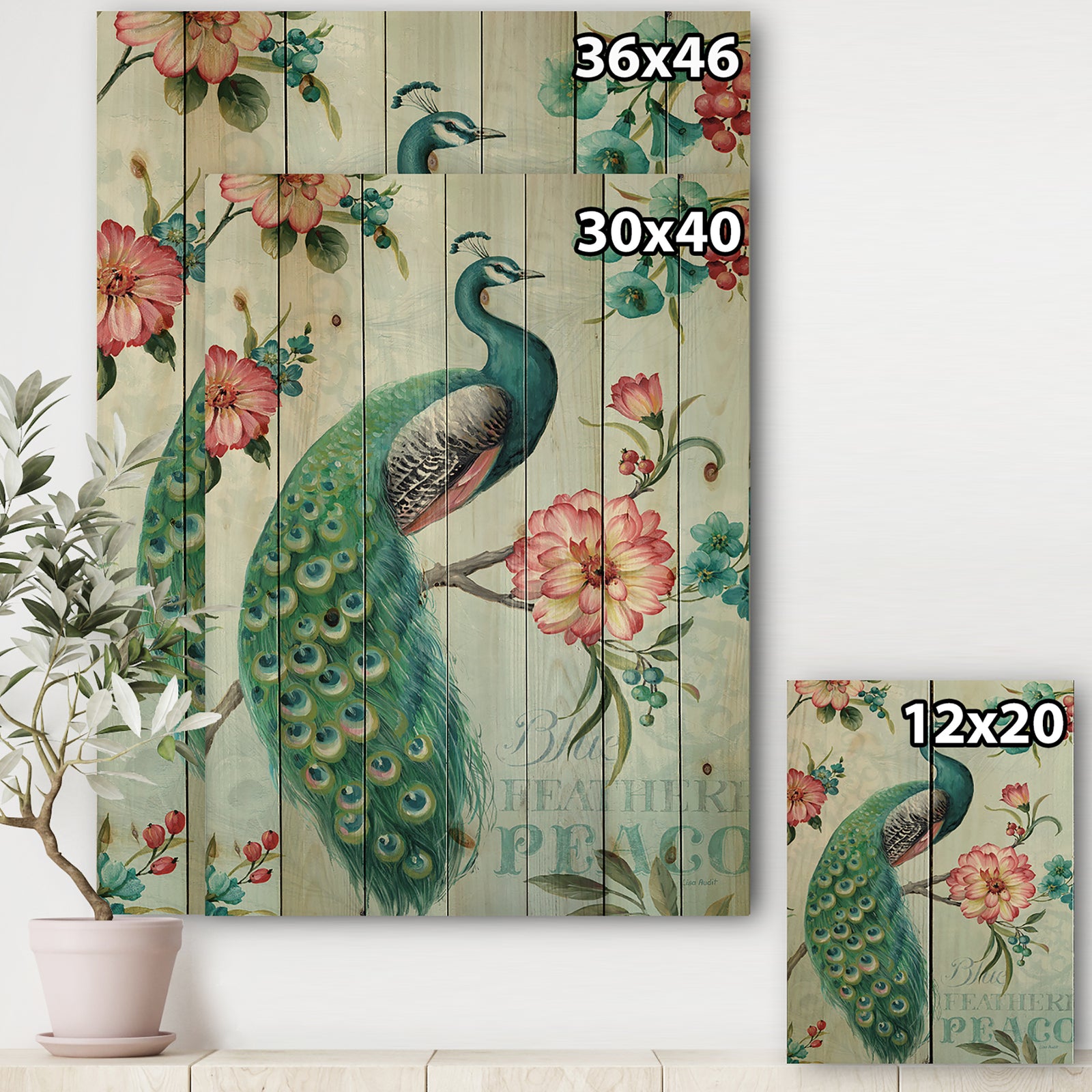Peacock - Floral and botanical Print on Natural Pine Wood