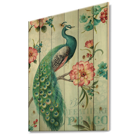 Peacock - Floral and botanical Print on Natural Pine Wood