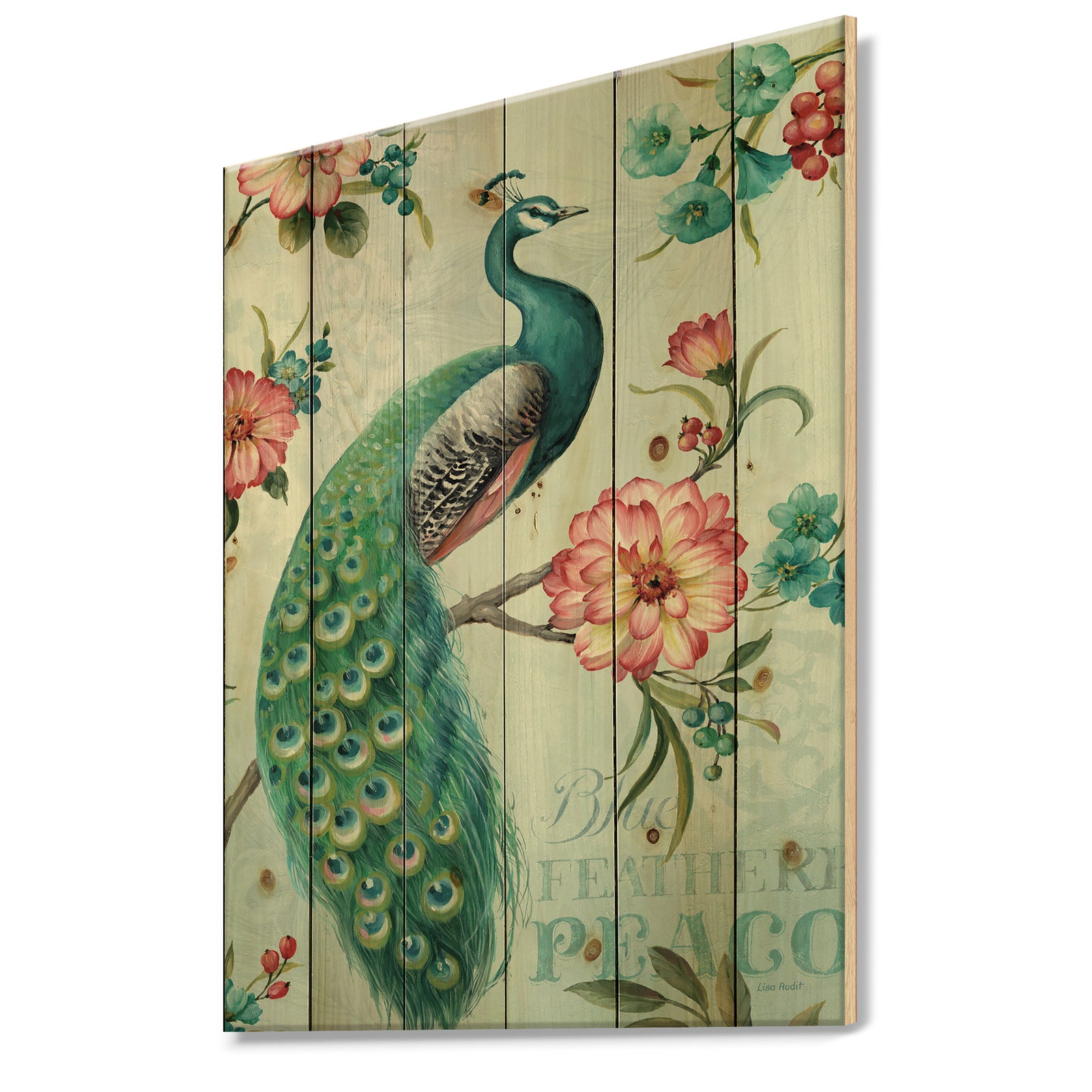 Peacock - Floral and botanical Print on Natural Pine Wood