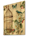 Blue Cottage Bird, Birdcage and Apple Blossoms I - Floral and botanical Print on Natural Pine Wood