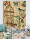 Blue Cottage Bird, Birdcage and Apple Blossoms I - Floral and botanical Print on Natural Pine Wood