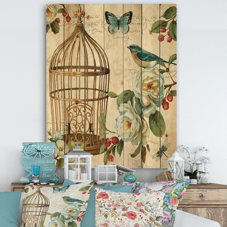 Blue Cottage Bird, Birdcage and Apple Blossoms I - Floral and botanical Print on Natural Pine Wood