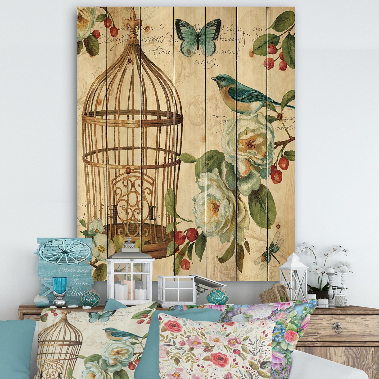 Blue Cottage Bird, Birdcage and Apple Blossoms I - Floral and botanical Print on Natural Pine Wood