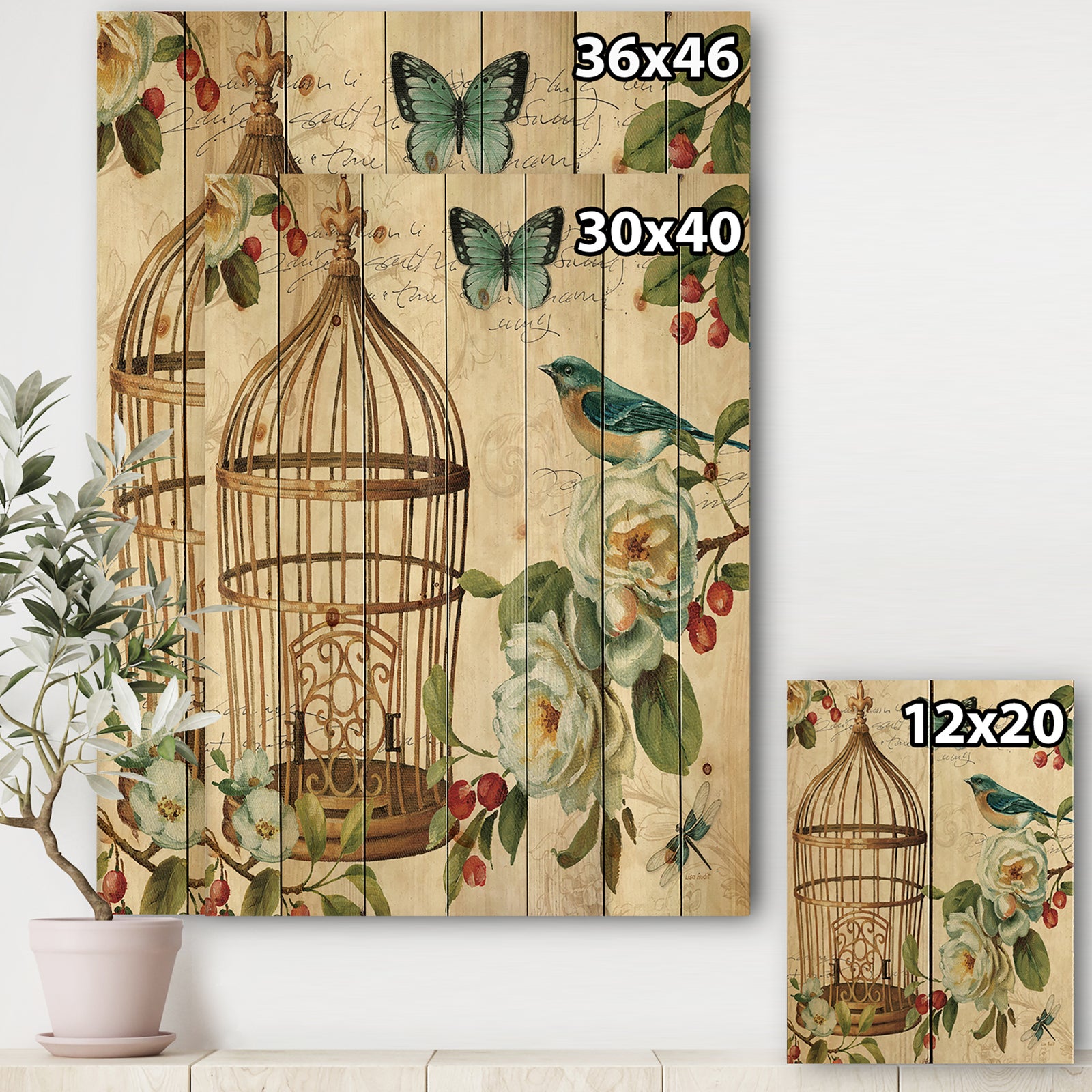 Blue Cottage Bird, Birdcage and Apple Blossoms I - Floral and botanical Print on Natural Pine Wood