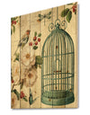 Blue Cottage Bird, Birdcage and Apple Blossoms II - Floral and botanical Print on Natural Pine Wood