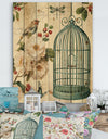 Blue Cottage Bird, Birdcage and Apple Blossoms II - Floral and botanical Print on Natural Pine Wood