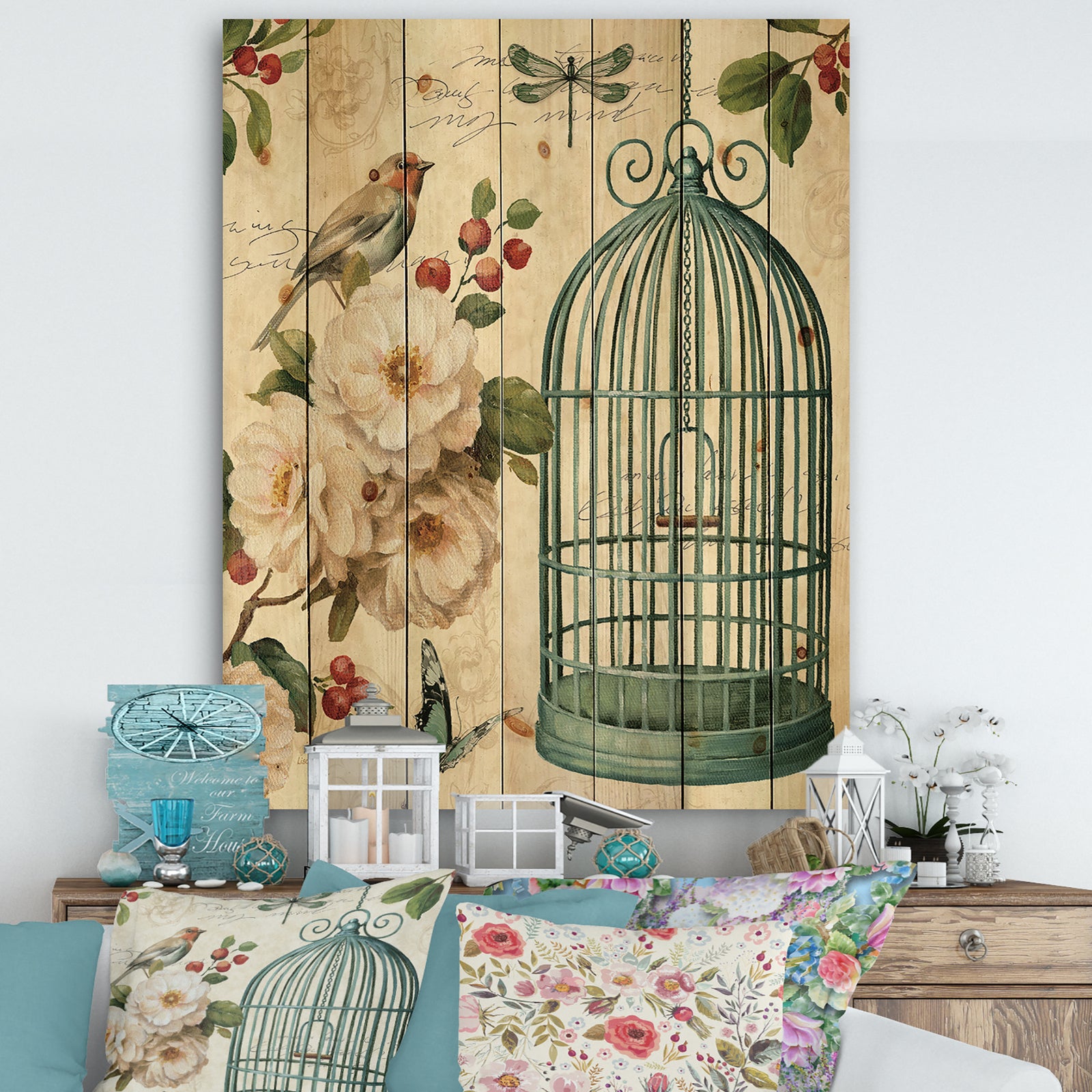 Blue Cottage Bird, Birdcage and Apple Blossoms II - Floral and botanical Print on Natural Pine Wood