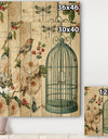 Blue Cottage Bird, Birdcage and Apple Blossoms II - Floral and botanical Print on Natural Pine Wood