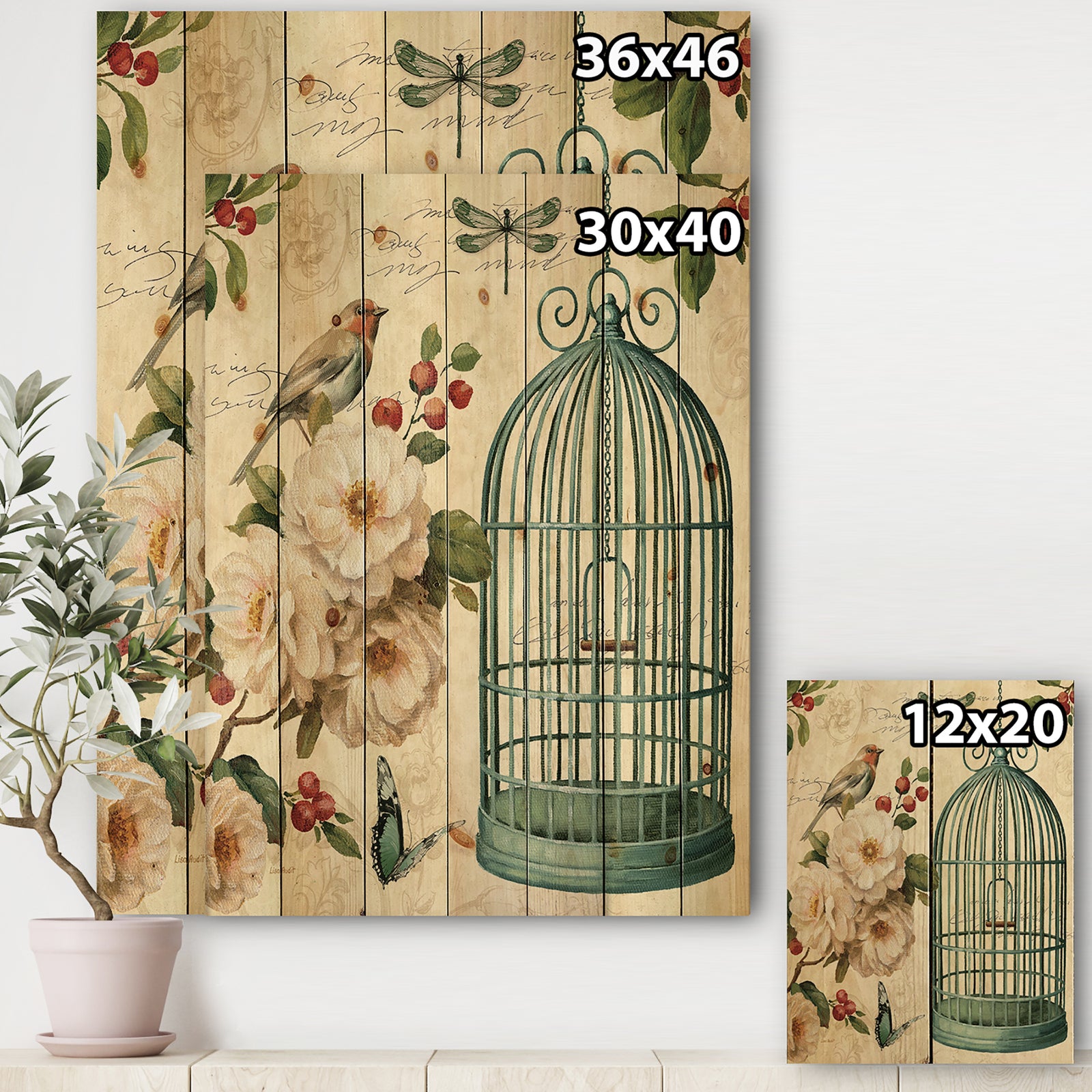 Blue Cottage Bird, Birdcage and Apple Blossoms II - Floral and botanical Print on Natural Pine Wood