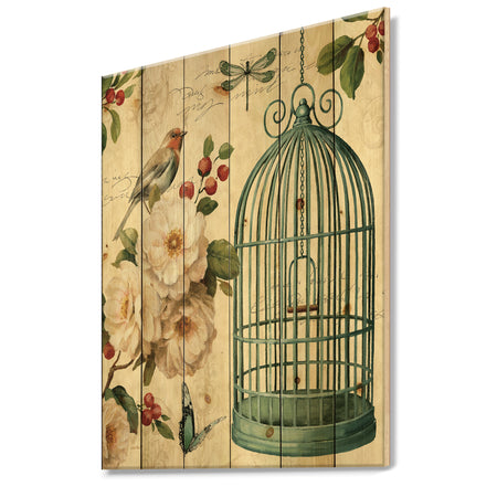 Blue Cottage Bird, Birdcage and Apple Blossoms II - Floral and botanical Print on Natural Pine Wood