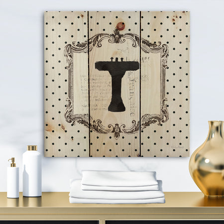 Vintage French Bathroom I - Traditional Bathroom Print on Natural Pine Wood