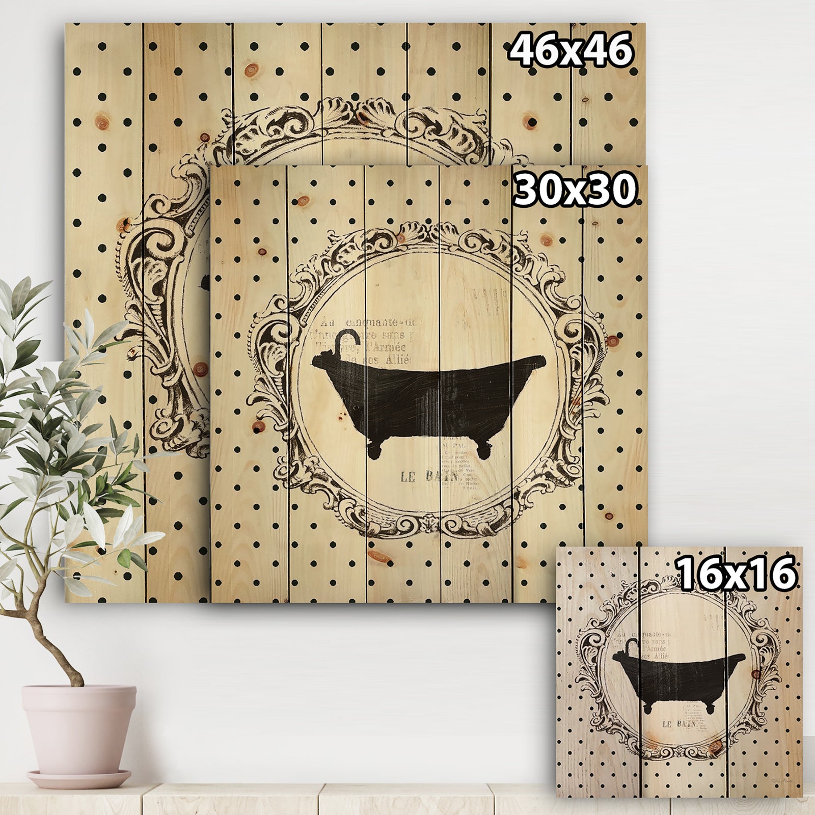 Vintage French Bathroom III - Traditional Bathroom Print on Natural Pine Wood