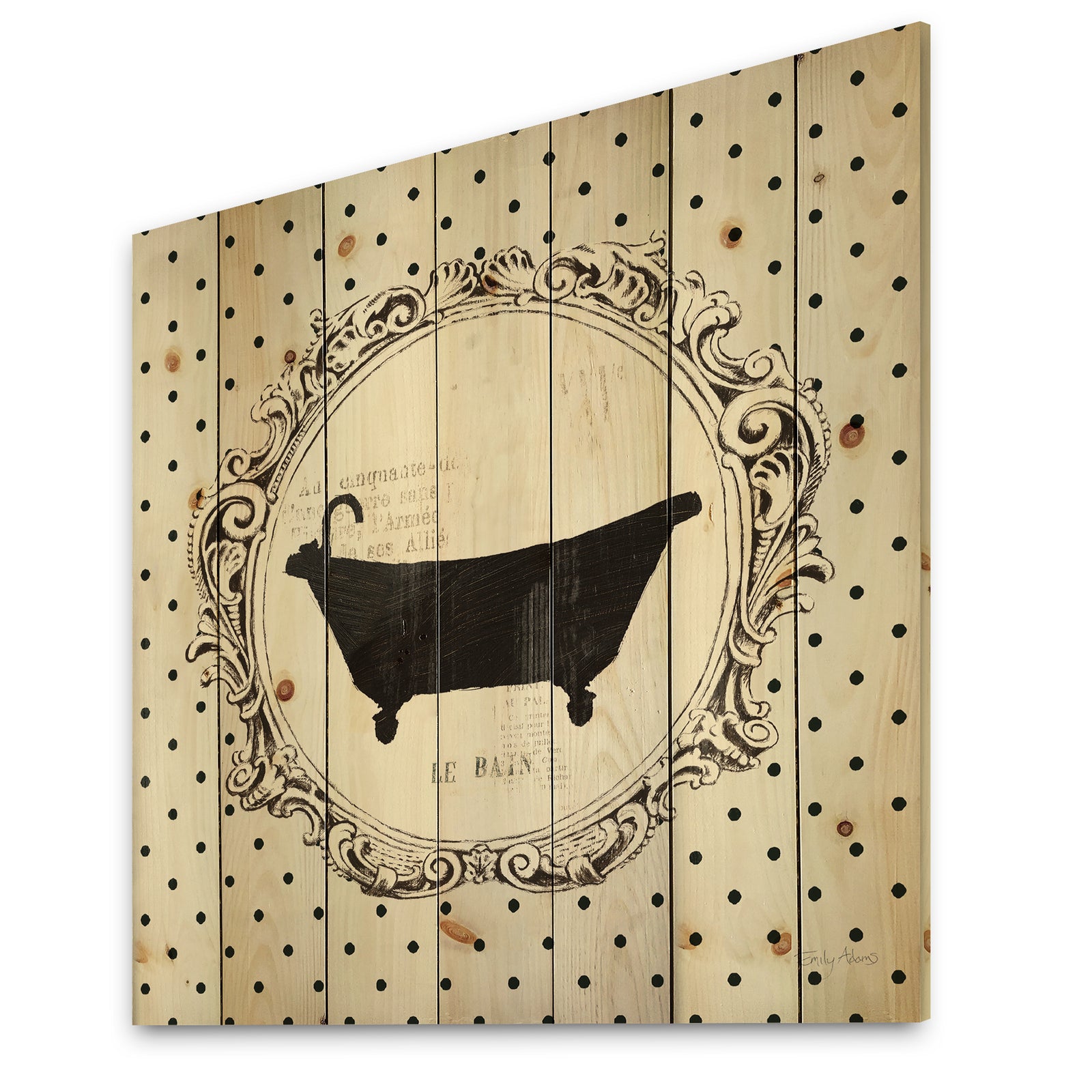 Vintage French Bathroom III - Traditional Bathroom Print on Natural Pine Wood