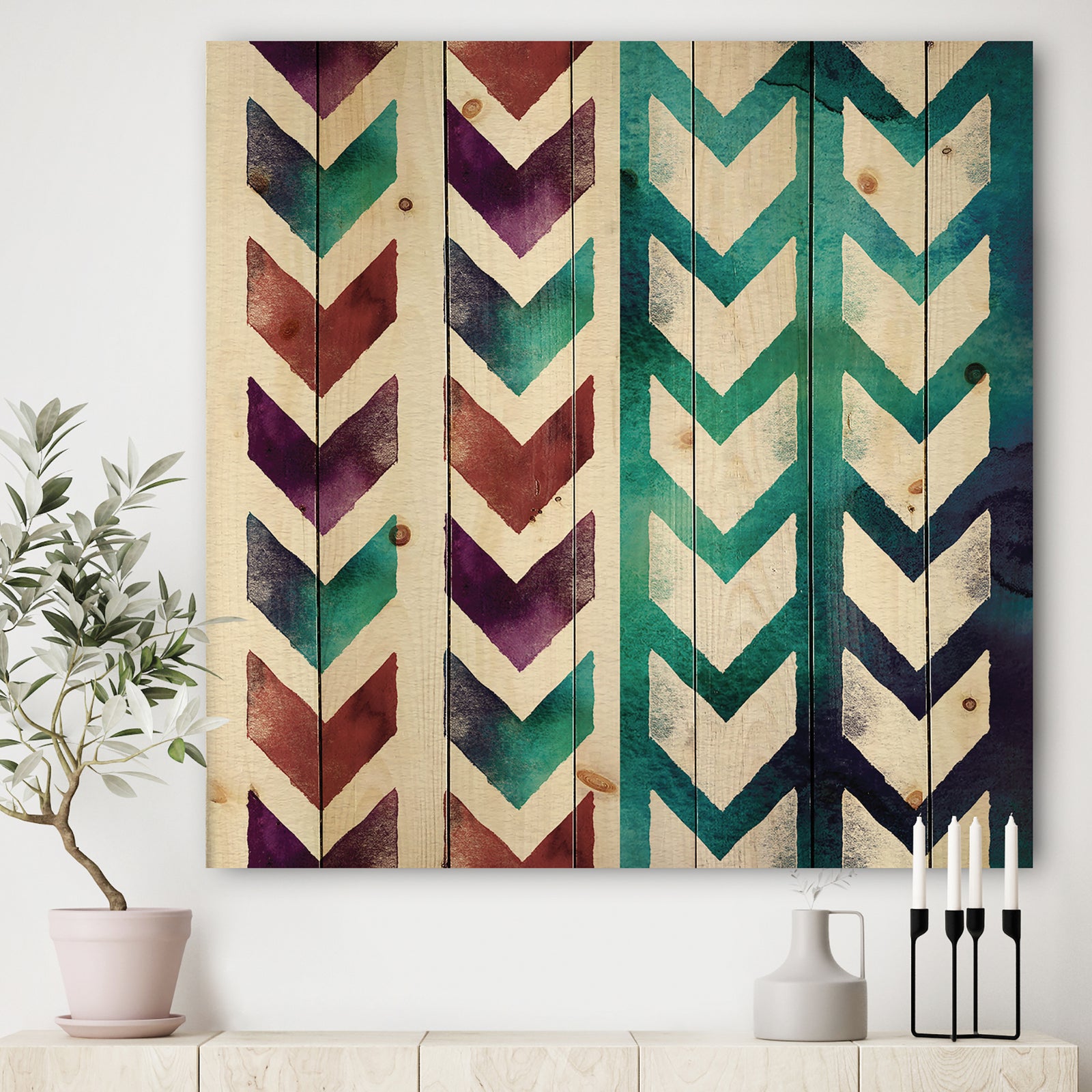 Geometric Pattern of Red And Blue Arrows - Transitional Print on Natural Pine Wood