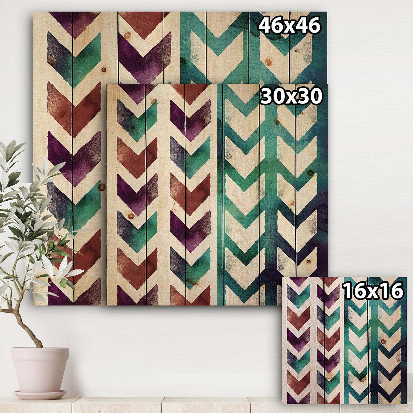 Geometric Pattern of Red And Blue Arrows - Transitional Print on Natural Pine Wood