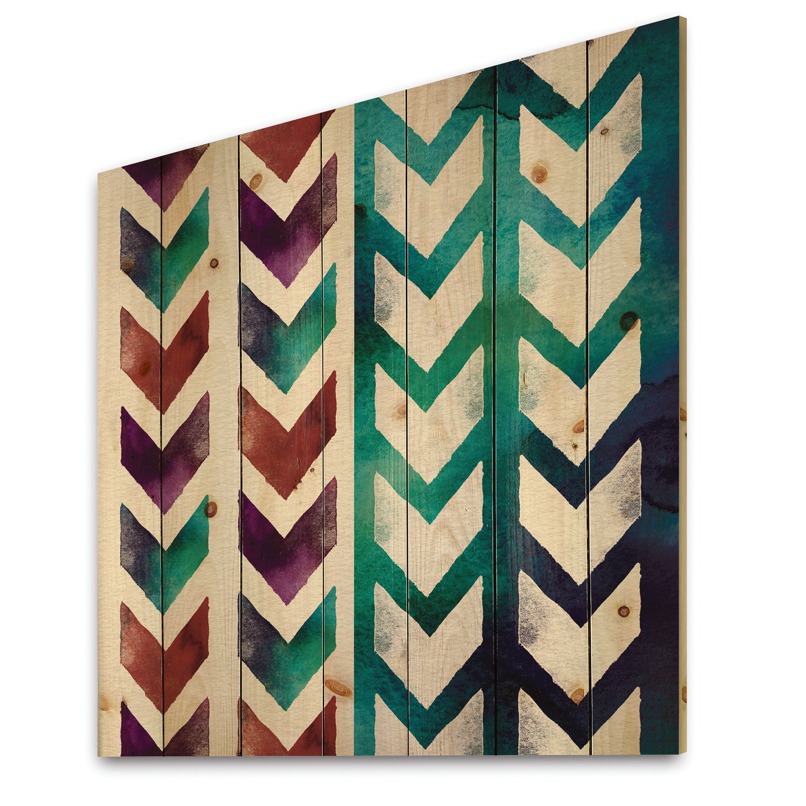 Geometric Pattern of Red And Blue Arrows - Transitional Print on Natural Pine Wood