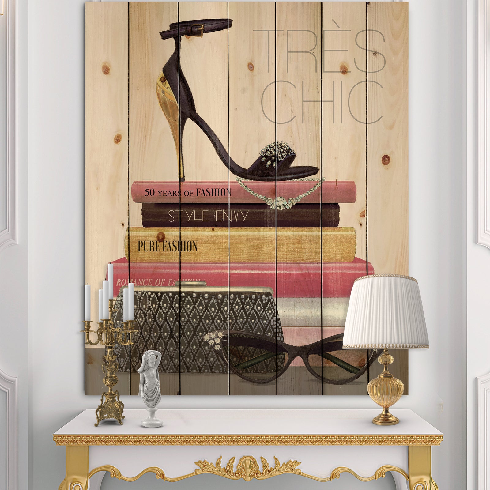 Paris Glamourous Gold Style I - Fashion Print on Natural Pine Wood