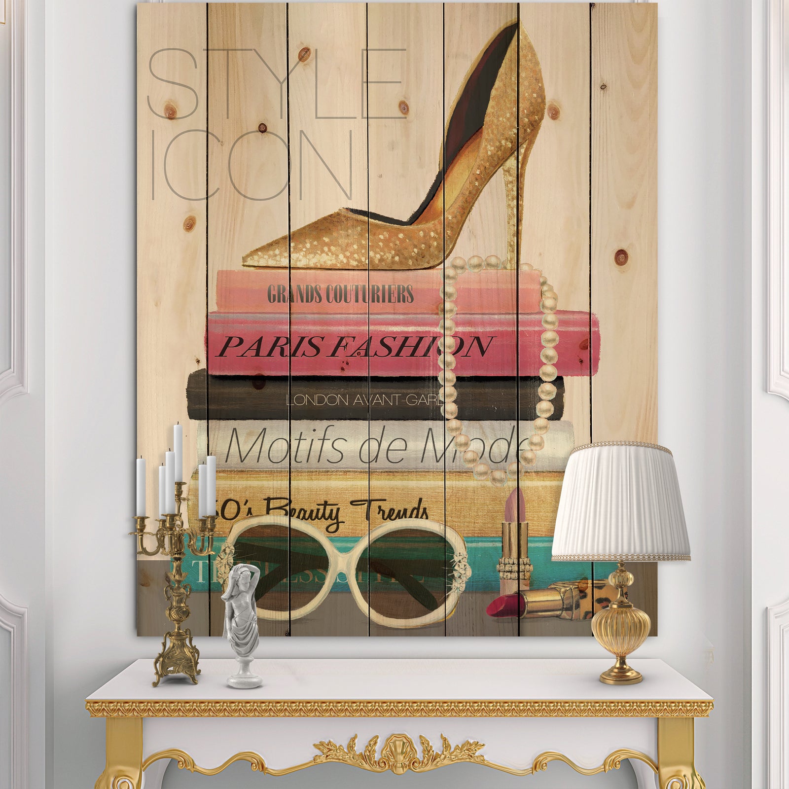 Paris Glamourous Gold Style IV - Fashion Print on Natural Pine Wood