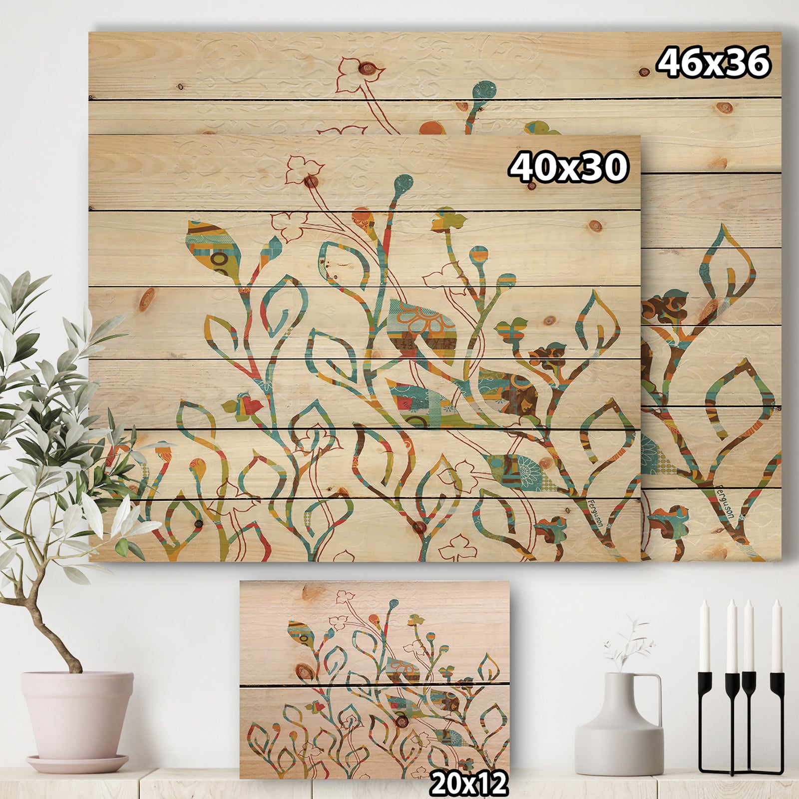 Rainbow Coloured Vines And Flowers - Cabin & Lodge Print on Natural Pine Wood