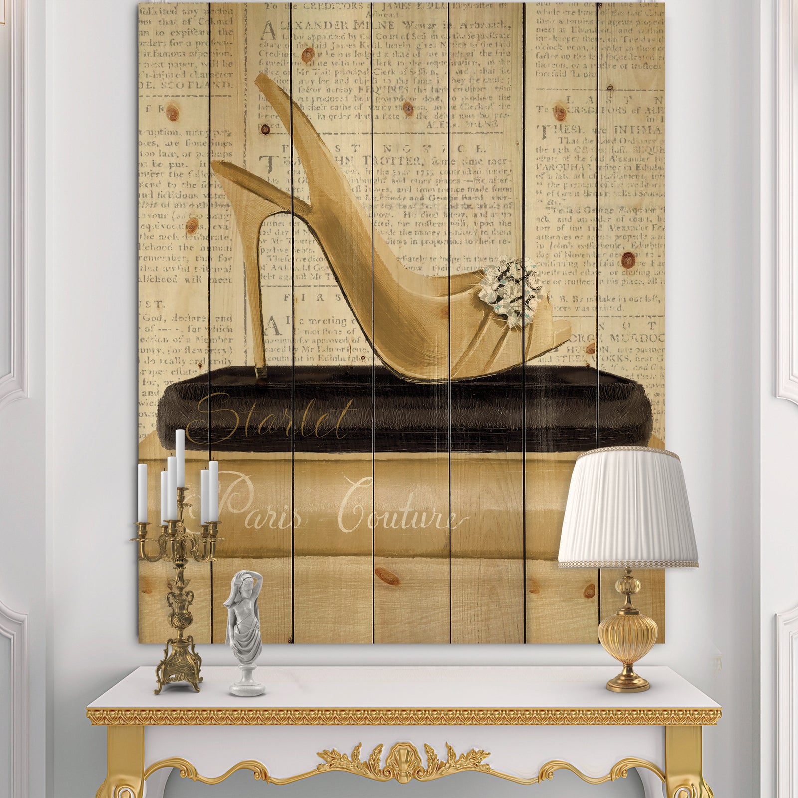Gold Fashion High Hells I - Posh & Luxe Print on Natural Pine Wood