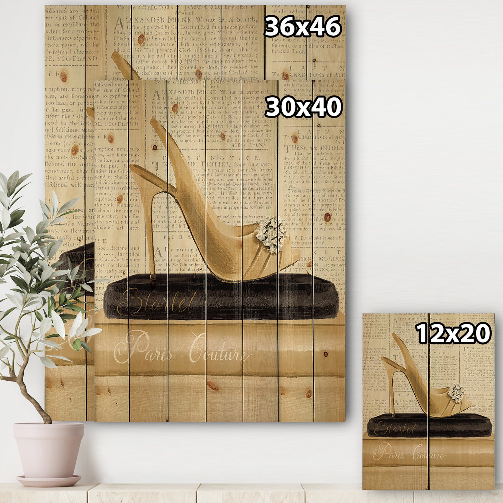 Gold Fashion High Hells I - Posh & Luxe Print on Natural Pine Wood