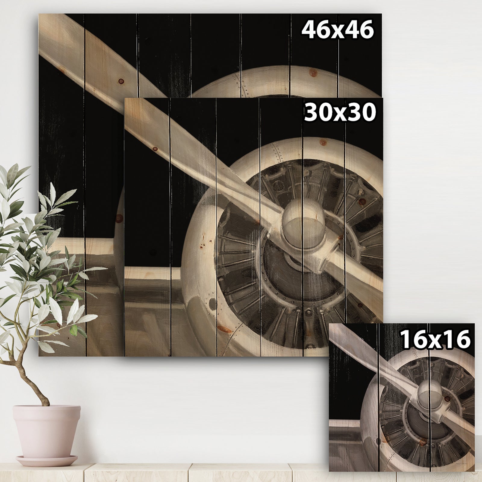 Travel by Air Grey Plane - Vintage Transportation Print on Natural Pine Wood