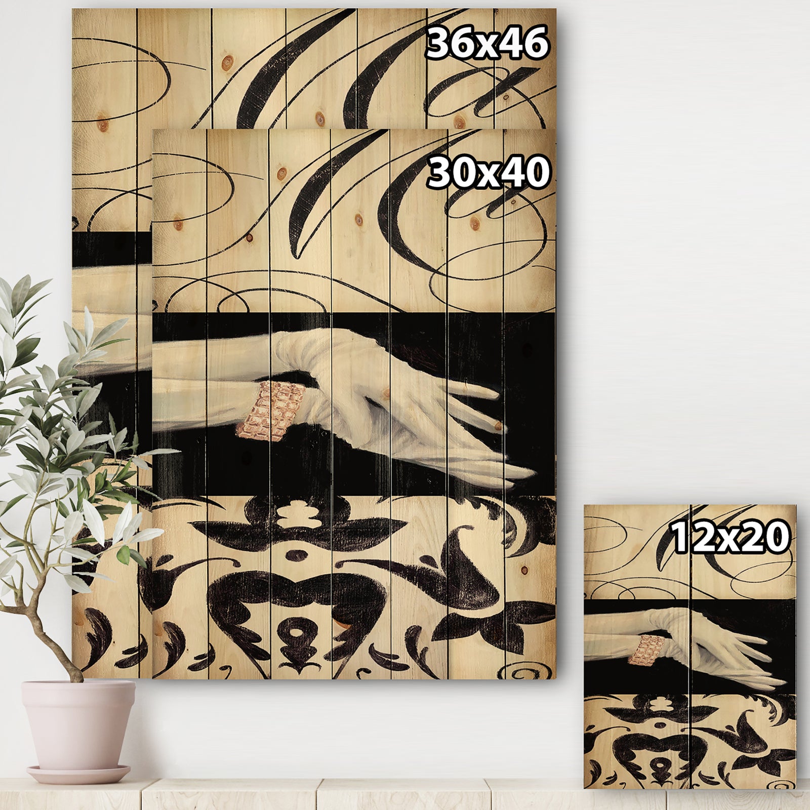 Black And White Fancy Glamorous Gloves - Fashion Print on Natural Pine Wood